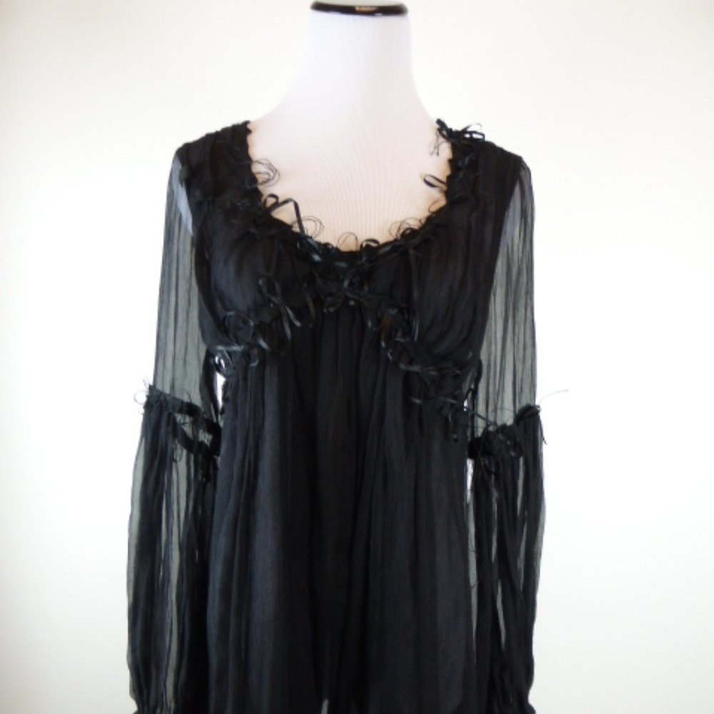 Max Studio Special Edition MAX AZRIA SILK Sheer black ribbon top M baby doll - Picture 2 of 5